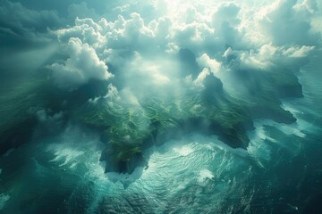 A serene aerial landscape reveals the harmonious dance between clouds and water, with a majestic mountain rising above a colorful reef and the endless expanse of the sky above