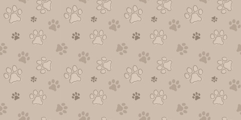 Paw animal seamless pattern. Hand drawn doodle print silhouettes with outline elements. Vector illustration