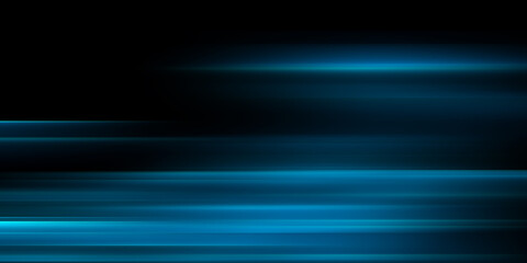 Blur fluorescent light. Futuristic rays. Cyber glare. De focused neon ultraviolet navy blue color laser beam flare motion on dark black modern abstract background.