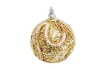 Gold new year ornament isolated on white Ball decorated Decorated with beads, sequins and glitter Christmas element Winter mood Shining decoration