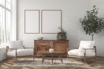 A living room with a white couch and two chairs, a coffee table