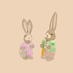 Pastel pencils drawing illustration of happy Easter day. Composition. Rabbits, carrots and colored eggs. Postcard design printing, congratulations. Beige background 