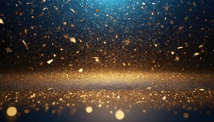 Obraz na płótnie Canvas Glitter gold blue particles stage and light shine abstract background. Flickering particles with bokeh effect. Gold sparkle glow particle abstract bokeh background.