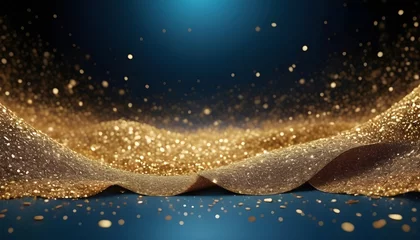 Fototapeten Glitter gold blue particles stage and light shine abstract background. Flickering particles with bokeh effect. Gold sparkle glow particle abstract bokeh background. © Sanita