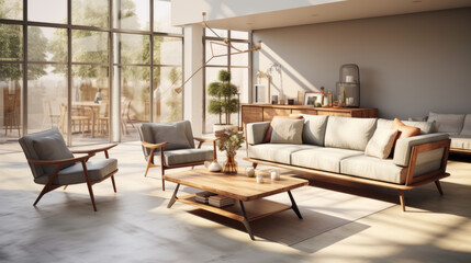 A modern living area with an environmentally friendly couch, accent chairs and coffee table made from recycled elements