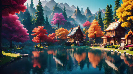 Step into a pixelated wonderland where the world is composed of vibrant, blocky pixels. Each element, from trees to animals, is a burst of color in this digital-inspired landscape - obrazy, fototapety, plakaty