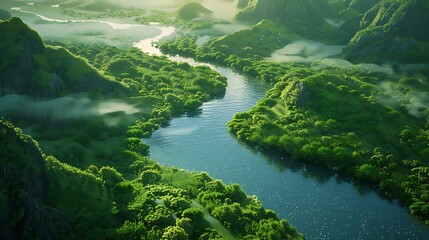A crystal-clear river winding through a lush green landscape, highlighting the beauty of clean water sources - obrazy, fototapety, plakaty