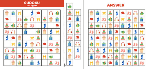 Sudoku for kids with nine Christmas elements. Sudoku for kids. Cut and glue. Cartoon - obrazy, fototapety, plakaty