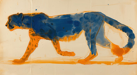  a painting of a blue and orange cheetah on a piece of white paper with orange and blue paint on the bottom of the cheetah cheetah.