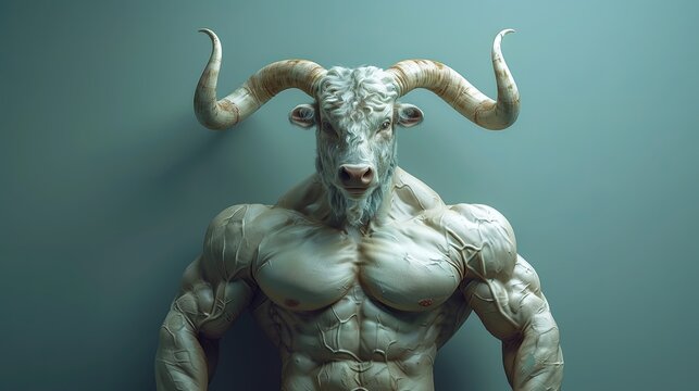Bull with big horns with humanlike muscular body.