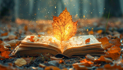 Open book with leaves flying in the wind, visual composition with literary element, April, National Poetry Month 