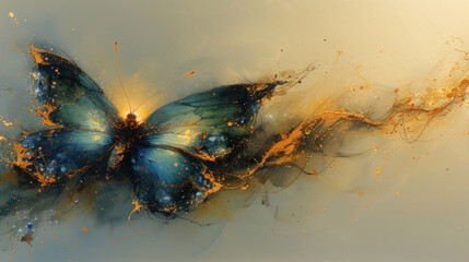  a painting of a blue and yellow butterfly with yellow streaks on it's wings and a black spot on the back of the butterfly's wings, and a yellow spot on the back of the top of the wing. - obrazy, fototapety, plakaty