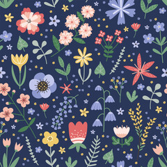 Fototapeta na wymiar Seamless pattern with different colorful flowers and leaves