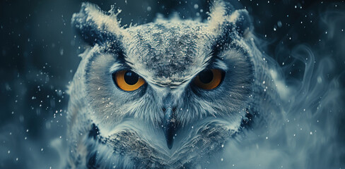  a close up of an owl with a lot of snow on it's face and an orange - eyed owl in the foreground of it's eyes.