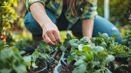 A woman is caring for various plants in a garden, watering, pruning, and checking the soil for healthy growth