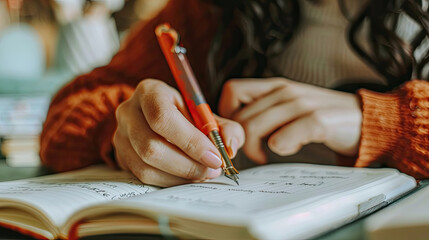 A person is seen writing on a book with a pen