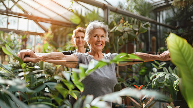 An elderly lady stretches her arms in a yoga pose guided by her instructor, surrounded by lush greenery in a greenhouse