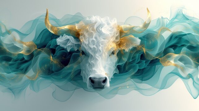  a digital painting of a bull's head with blue and gold swirls on it's face and behind it is a white background with gold and blue smoke.