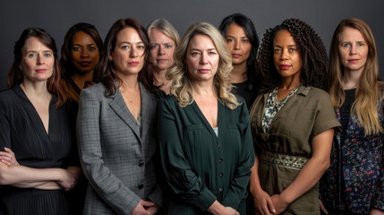 A group of women standing next to each other in a row. They are dressed in casual attire and appear to be engaged in conversation