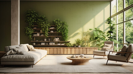 A modern living room featuring a green wall with lush, trailing plants for a biophilic touch