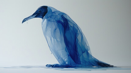 Fototapeta premium a blue bird sitting on the ground with its head turned to the side and it's body partially covered by a veil of blue material that is floating on the ground.