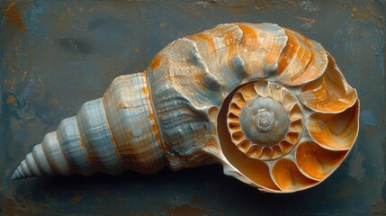  a close up of a sea shell on a blue and rusted surface with water droplets on the bottom of the shell and the top of it's shell.