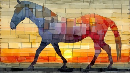  a picture of a horse that is made out of squares of different colors and shapes, with the silhouette of a horse standing in front of a brick wall with a sunset in the background.