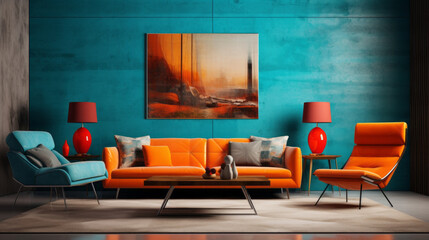 A modern living room with a striking turquoise and orange color blocking pattern on the walls