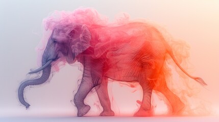  a picture of an elephant that is colored in red, pink, and blue smoke on a white background with a pink and orange smoke cloud in the shape of the elephant.