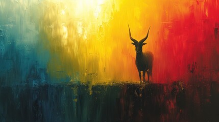  a painting of an antelope standing in front of a multicolored background 