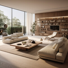 A modern living room with a contemporary design, featuring an array of seating and storage solutions to suit any lifestyle