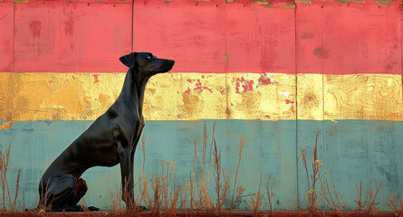  a black dog standing in front of a red, yellow, and blue wall with a red, white, and blue stripe on it's side of it.