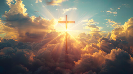 Cross in the clouds and rays of sun, power of faith concept