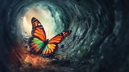 colorful butterfly finds its way out of a dark tunnel, concept of freedom