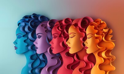 Fototapeta premium Paper cut illustration. Symbols of international women's day, paper cut faces, different women from around the world