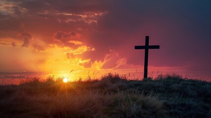 Cross at sunset, crucifixion of Jesus Christ