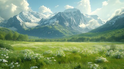  a painting of a mountain range with a meadow in the foreground and wildflowers in the foreground, with a blue sky and white clouds in the background.