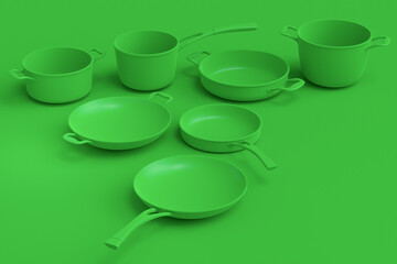 Set of flying stewpot, frying pan and plated cookware on monochrome background
