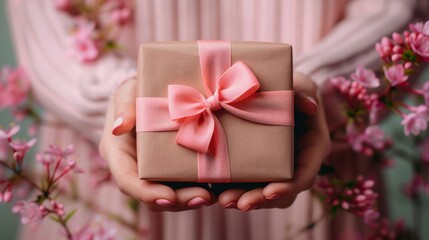 Close-up of Female Hands Holding a Gift - A Symbol of Love for Valentine's Day, Birthdays, or Mother's Day Generative AI