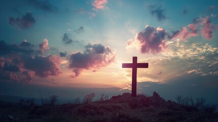 silhouette of a cross of faith, Easter day,Concept of rebirth, rebirth - obrazy, fototapety, plakaty