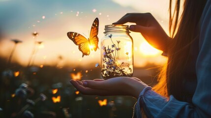 The girl frees the butterfly from the jar, golden blue moment Concept of freedom - obrazy, fototapety, plakaty