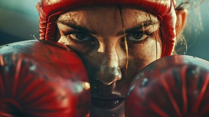Unidentified face of woman boxer wrapping her hand in boxing arena sport. Texture effect may...