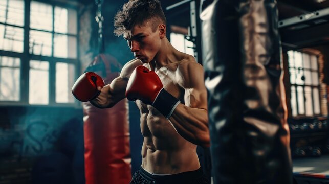 The young man workout a kick on the punching bag in gym.