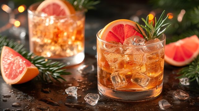  a close up of a drink in a glass with a slice of grapefruit and a rosemary sprig on the side of the glass, surrounded by other grapefruits.