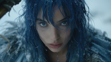  a close - up of a woman with blue hair and blue eyes, wearing a fur coat and looking at the camera, with snow falling on her face and behind her.