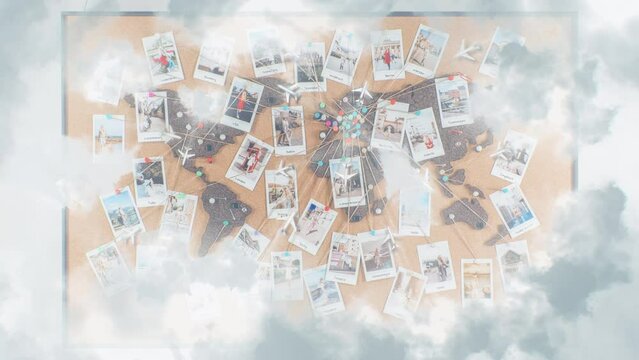 Camera flies through animated white clouds zoom in overlooking cork board travel world map, small planes flyover printed photographs of young woman and her travel destinations connected with threads