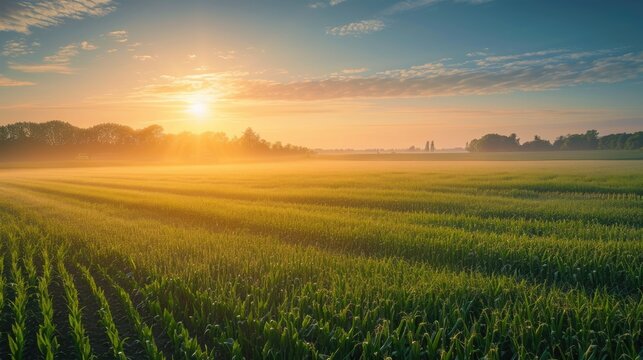 An early morning farmer's field, dew on crops, sunrise casting a golden glow, tranquil and fertile landscape. Resplendent. © Summit Art Creations