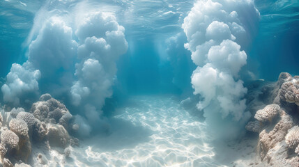  a group of white clouds floating over a blue ocean next to a sandy shore with rocks and corals on the bottom of the water and bottom of the water. - obrazy, fototapety, plakaty