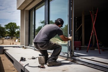 Man fixing glass on a house