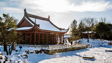 Montreal, Canada - January 5 2021: Chinese style pavillon in the Botanical Garden of Montreal